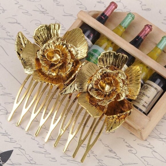 Vintage Floral Rose Leaf Hair Pin Clip Comb Gold Silver Alloy Women - Picture 2 of 5
